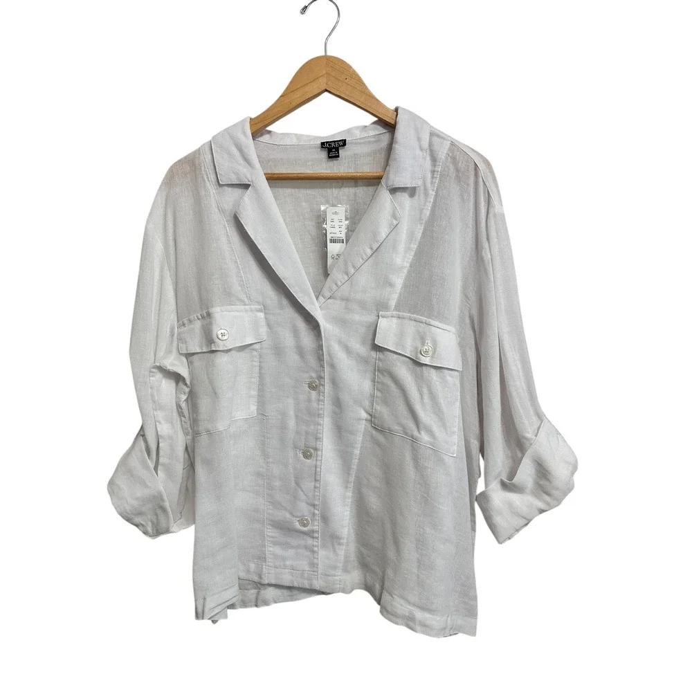 J. Crew‎ Camp-collar shirt in featherweight linen blend White Size 18 #CA600 NEW
